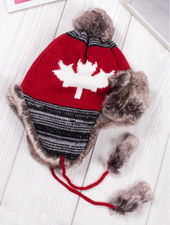 Maple Leaf Fur Hat W/ Pompoms